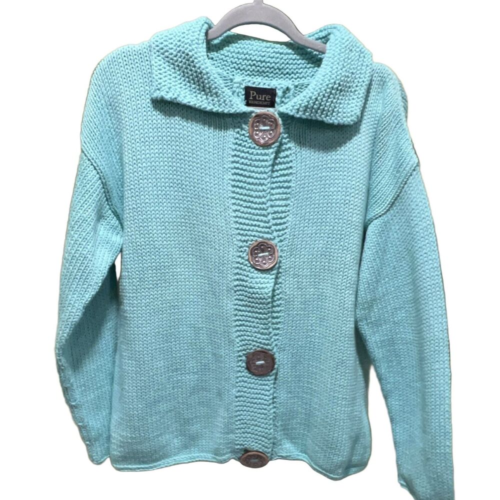 Pure HANDKNIT Knitted Cardigan Sweater 280A L/XL Turquoise 100% Cotton Collared